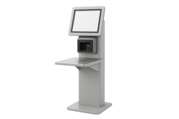 Self service payment terminal with blank screen and barcode scanner on transparent background