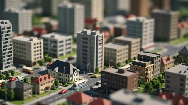 Tiltshift miniature cityscape with traffic movement through urban street