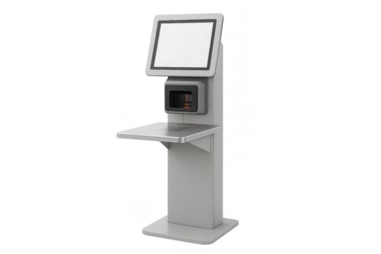 Self service payment terminal with blank screen and barcode scanner on transparent background