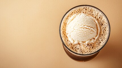 An overhead view of a Root Beer Float in a clear glass, revealing the distinct layers of dark root beer, creamy white ice cream