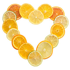 Obraz premium Heart-shaped arrangement of fresh citrus fruit slices, isolated PNG transparent background