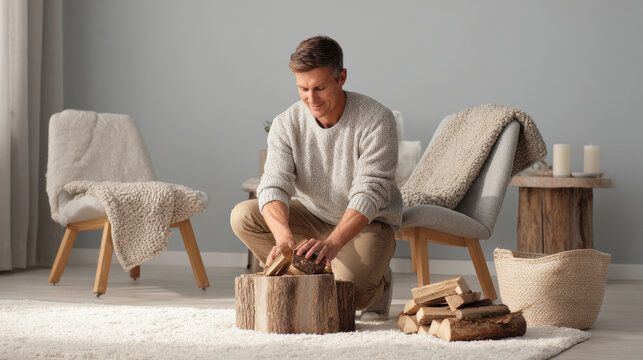 man effortlessly ignites cozy fireplace in minimalist home creating warm ambiance perfect for evening relaxation