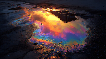 Iridescent Oil Slick Reflection in Dark Asphalt Puddle at Sunset Vivid Rainbow Colors in Water image