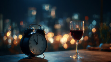 Midnight Cityscape View Featuring a Classic Black Alarm Clock Showing Eleven Fifty Nine and a Glass of Deep Red Wine on a Dark Wooden Surface