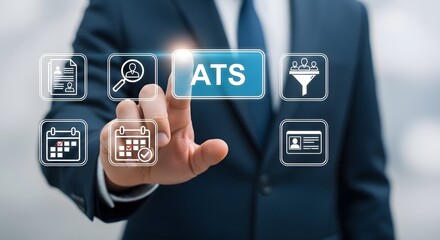 Businessman interacts with digital interface, selecting ATS system for streamlined hiring processes and candidate management, boosting efficiency.