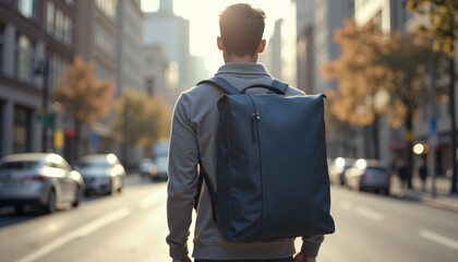 Stylish man with backpack walking through city street, back view. Man walking through city is wearing casual attire on sunny day.