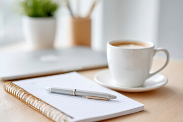 Open planner and pen on desk beside laptop and cup of tea in a serene workspace setting