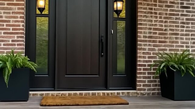 Dark Brown Door with Brick Wall Exterior Entrance Lit with Lanterns and Plants