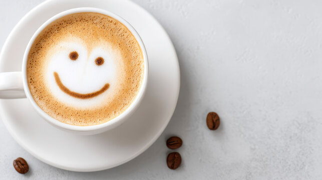 Cup of coffee with smiley face latte art on simple white background, showcasing minimalistic aesthetic and professional quality - Powered by Adobe