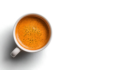 Overhead View of a Small White Mug Filled with Rich Brown Espresso Coffee Crema Coffee Drink Beverage Caffeine Hot Drink Breakfast Morning Energy