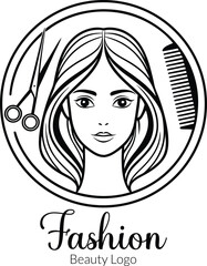 Stylized illustration of a woman s face with flowing hair scissors and a comb representing beauty salon services hairstyling and fashion trends in a circular emblem
