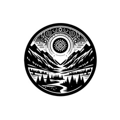 Stylized Mountain Landscape with River and Sun Symbol.