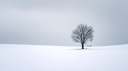 Solitary Leafless Tree in a Vast White Snow Covered Field Under a Pale Gray Sky Winter Landscape Photography