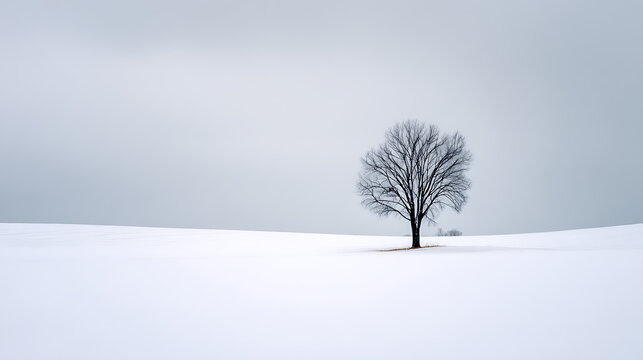 Solitary Leafless Tree in a Vast White Snow Covered Field Under a Pale Gray Sky Winter Landscape Photography