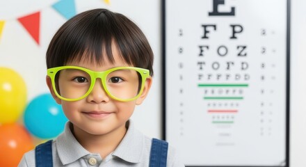 smiling child wearing bright green glasses stands in front of colorful balloons and an eye chart. optometry, vision care, children's health. educational materials, pediatric clinic decor.