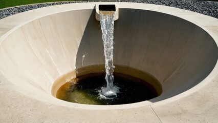 Boardwalk for access through a water treatment site with large modern circular basins, flowing water, native grasses and wildflowers, blending into the landscape.
