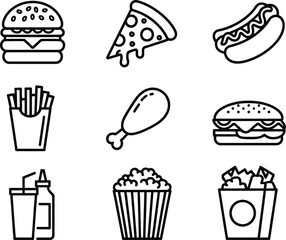 Collection of nine simple outline icons representing popular fast food items