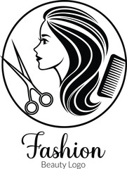 Elegant black and white circular logo design featuring a stylized profile of a woman with flowing hair scissors and a comb representing fashion and beauty
