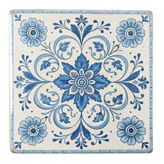 Vintage look decorative blue floral tile, flat lay, isolated PNG transparent background