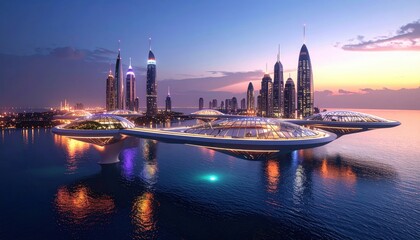 Obraz premium Futuristic Coastal Cityscape with Illuminated Bridges at Dusk
