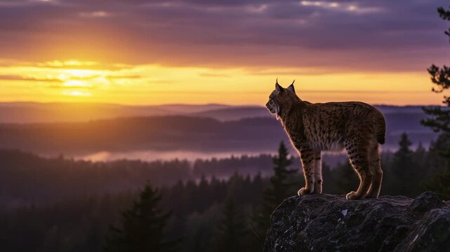 Photorealistic 3D image of a lynx standing on a rocky cliff during sunset. Warm light highlights its fur as it surveys the wilderness below, evoking a sense of wild freedom and natural majesty.