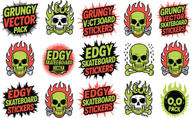 "Grunge Skate Sticker Pack – Neon Skulls, Flames & Street Typography"