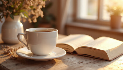 Fototapeta premium Cozy morning tea with open book on wooden table. Warm sunlight illuminates cup of tea and pages of book. Relaxing scene perfect for creating a calming atmosphere.