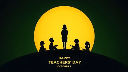 Happy teachers day silhouette illustration with teacher and students under the sun