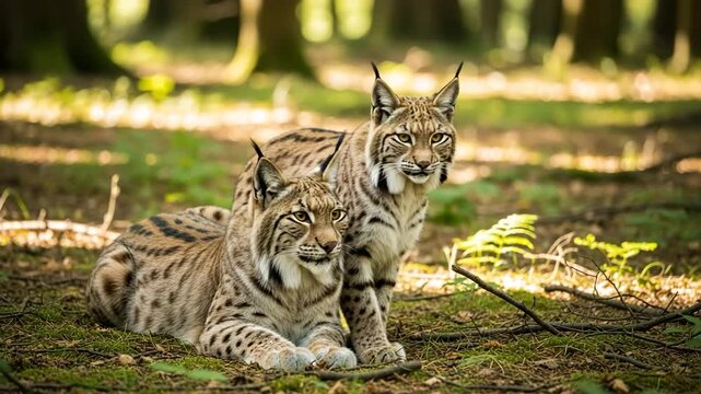 Photorealistic 3D scene of a male and female lynx together in a forest clearing. A rare wildlife moment showing calm interaction between the two wild cats, captured with natural light and rich fur det