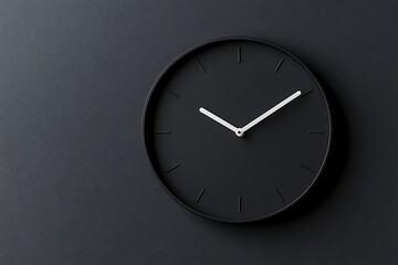 Elegant black clock with minimalist design and contrasting white hands against a dark textured background exudes modern simplicity and precision.