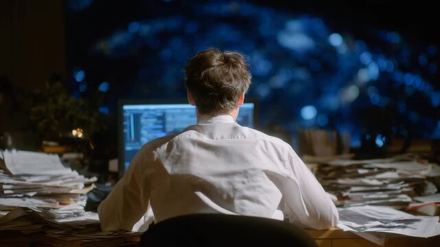 A mid-aged employee, overwhelmed by burnout, sits in a dim room with documents scattered, highlighting the stark contrast of a bright screen.