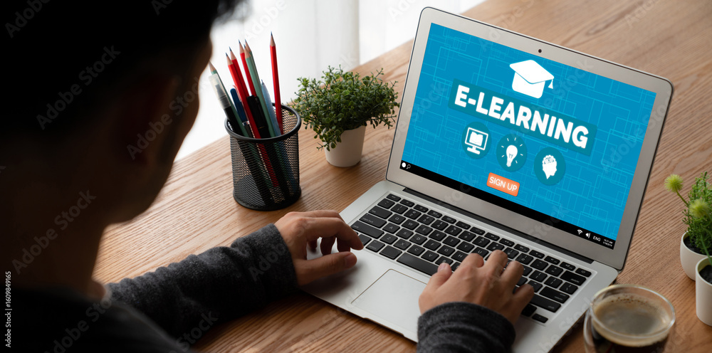 Wall mural e-learning website with modish sofware for student to study online on the internet network