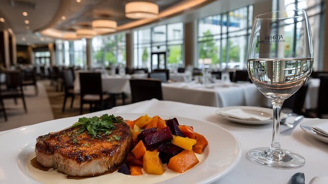 Gourmet dining experience rooftop restaurant food photography elegant ambiance interior view hyperrealistic vibes