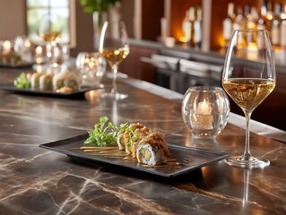 Hyperrealistic sushi bar ambiance modern restaurant food photography elegant environment close-up culinary art