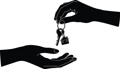 Real estate key handover, silhouette of two hands exchanging house keys, property transfer, home ownership, renting or buying concept