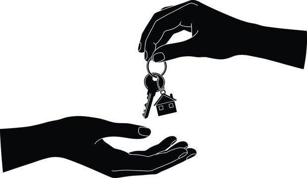 Real estate key handover, silhouette of two hands exchanging house keys, property transfer, home ownership, renting or buying concept