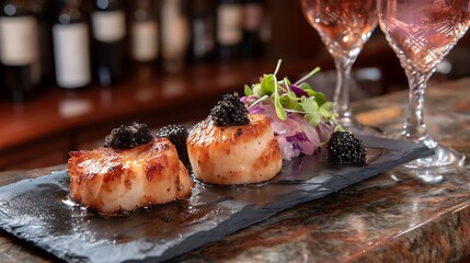 Elegant seared scallops plated with caviar upscale restaurant gourmet food luxurious ambiance close-up view culinary artistry