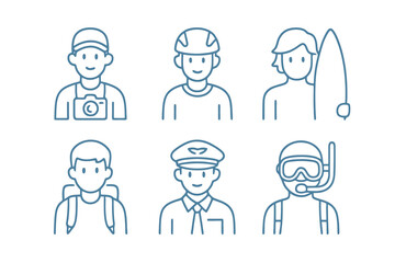 Fototapeta premium Blue thin line avatar icons featuring tourist, surfer, and mountain climber. Perfect for travel branding, adventure apps, and stock illustrations.
