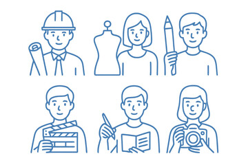 Blue thin line avatar icons featuring architect, fashion designer, and illustrator. Perfect for creative portfolios, art apps, and stock illustrations.