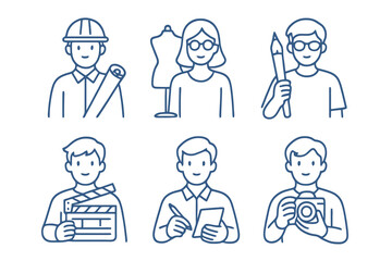 Set of six blue outline avatar icons including filmmaker, writer, and photographer. Ideal for design studios, creative branding, and stock image collections.