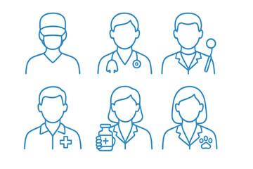 Blue thin line avatar icons featuring surgeon, pediatrician, and veterinarian. Perfect for healthcare apps, hospital branding, and stock medical illustrations.