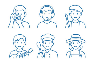 Blue thin line avatar icons featuring photographer, gamer, and painter. Perfect for hobby branding, lifestyle apps, and creative stock illustrations.