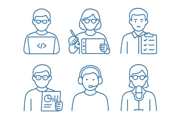 Blue thin line avatar icons featuring programmer, designer, and support roles. Perfect for remote work, technology branding, and stock illustrations.