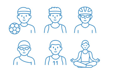 Set of six blue outline avatar icons including runner, swimmer, and basketball player. Ideal for athletic websites, training platforms, and stock designs.