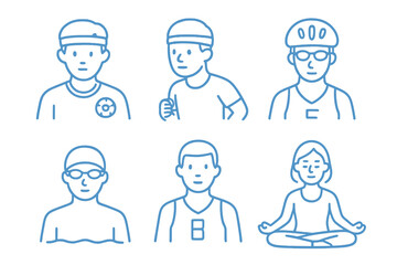 Blue thin line avatar icons featuring soccer player, cyclist, and yoga practitioner. Perfect for fitness apps, sports branding, and stock illustrations.