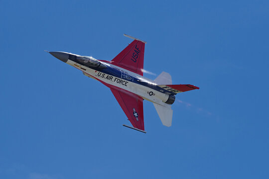 General Dynamics F-16C Viper Demo, registration AF91-395, shown flying in Sacramento, California, March 2025.