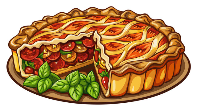 very Beautiful Sliced Flaky Meat Pie with Savory Filling on white Background