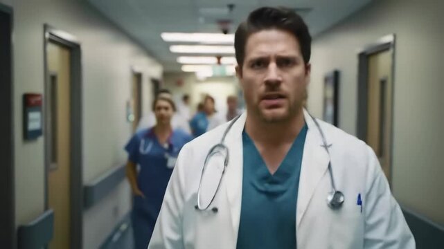 Determined doctor leading medical team through busy hospital corridor