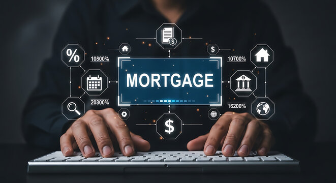 A person types on a keyboard with a mortgage concept floating above it