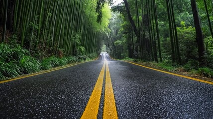 Obraz premium Empty wet road through dense bamboo forest on a rainy day – peaceful journey scene symbolizing clarity, direction, and serenity in nature.
